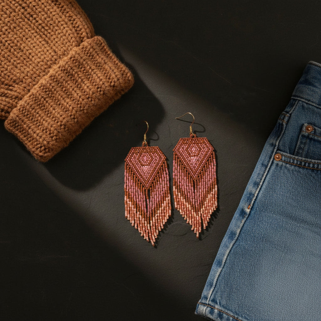 Eine atmosphärische Nahaufnahme eines Paares handgefertigter Beaded Fringe Ohrringe von EDELATELIER., drapiert auf einer dunklen Betonoberfläche. Die Ohrringe weisen ein geometrisches Muster in warmen Beigetönen, Rosé und Braun auf und sind mit zarten Fransen versehen. Links liegt ein grob gestrickter, beigefarbener Hut, rechts eine blaue Jeans. Ein weicher Lichtstrahl fällt auf die Szene und erzeugt tiefe Schatten.