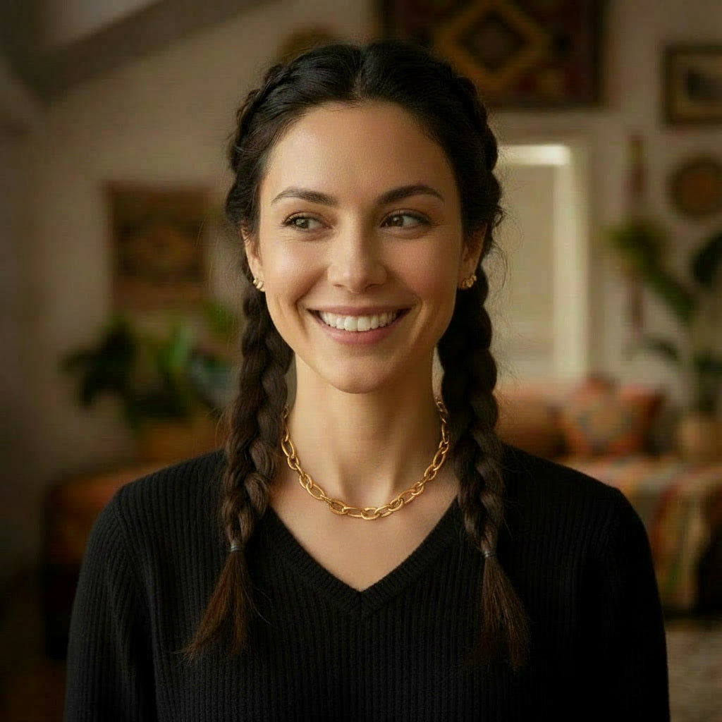 Goldfarbene Catena Gliederkette getragen zu schwarzem Oberteil an natürlichem Model mit dunklen Zöpfen.