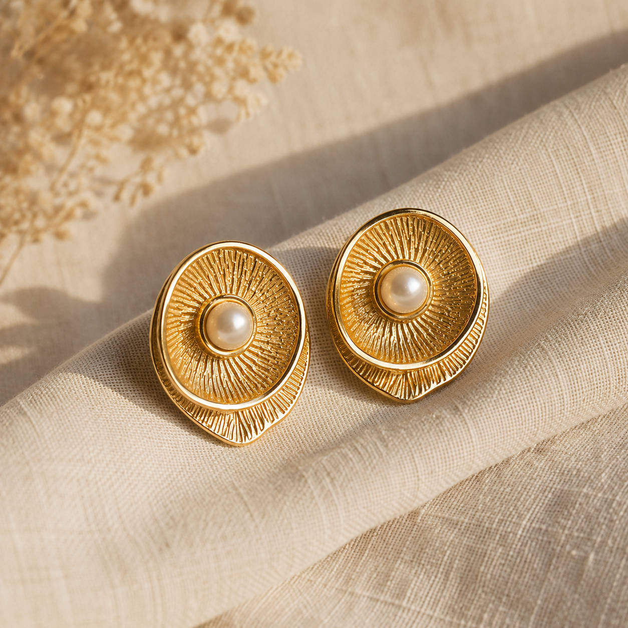 Goldfarbene Perla Vintage-Ohrringe mit strukturierter Oberfläche und Perlendetail auf hellem Leinenstoff.