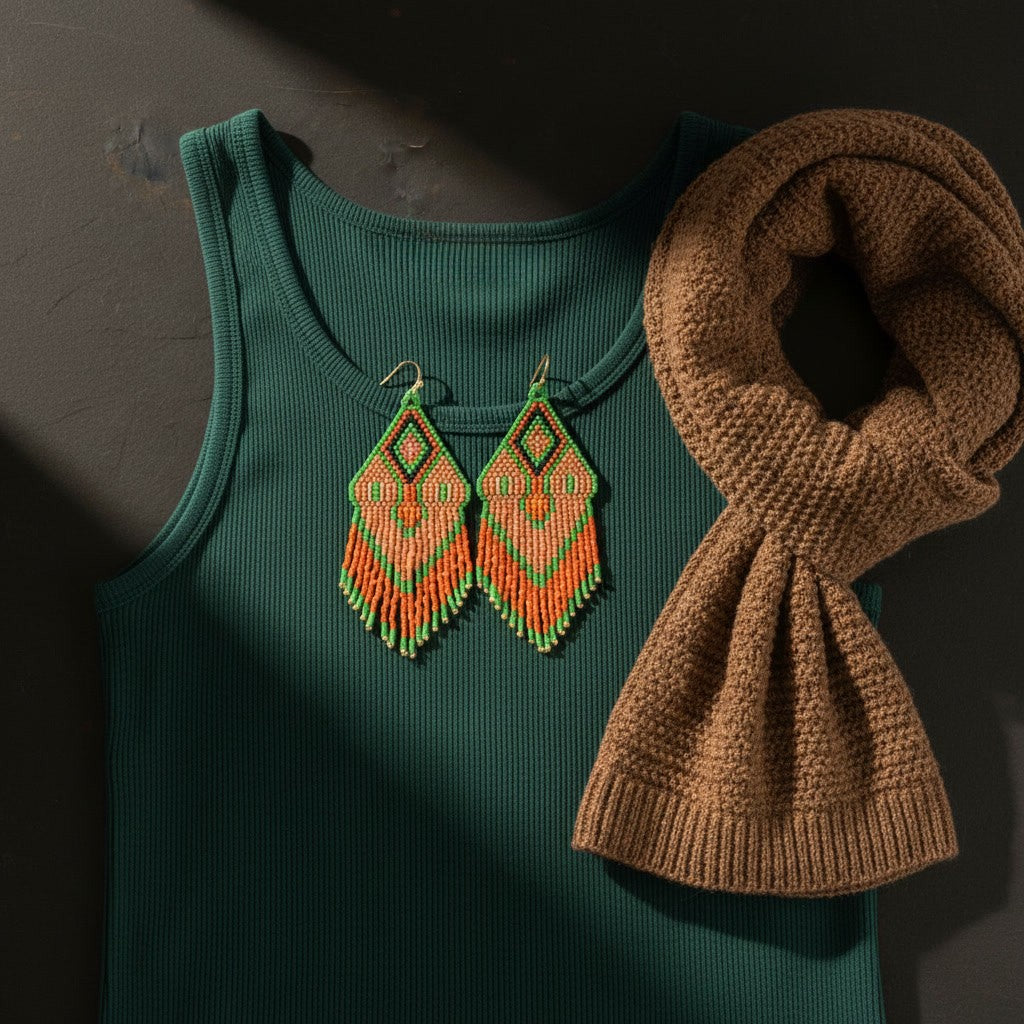 Eine Aufnahme der handgewebten Fransenohrringe auf einem dunkelgrünen Tanktop, neben einem braunen Schal. Diese Dine liegen auf einer dunklen, strukturierten Steinoberfläche.