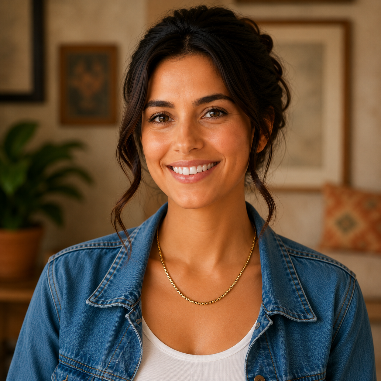 Model trägt goldfarbene Venezia Halskette zu Jeansjacke und weißem Top.