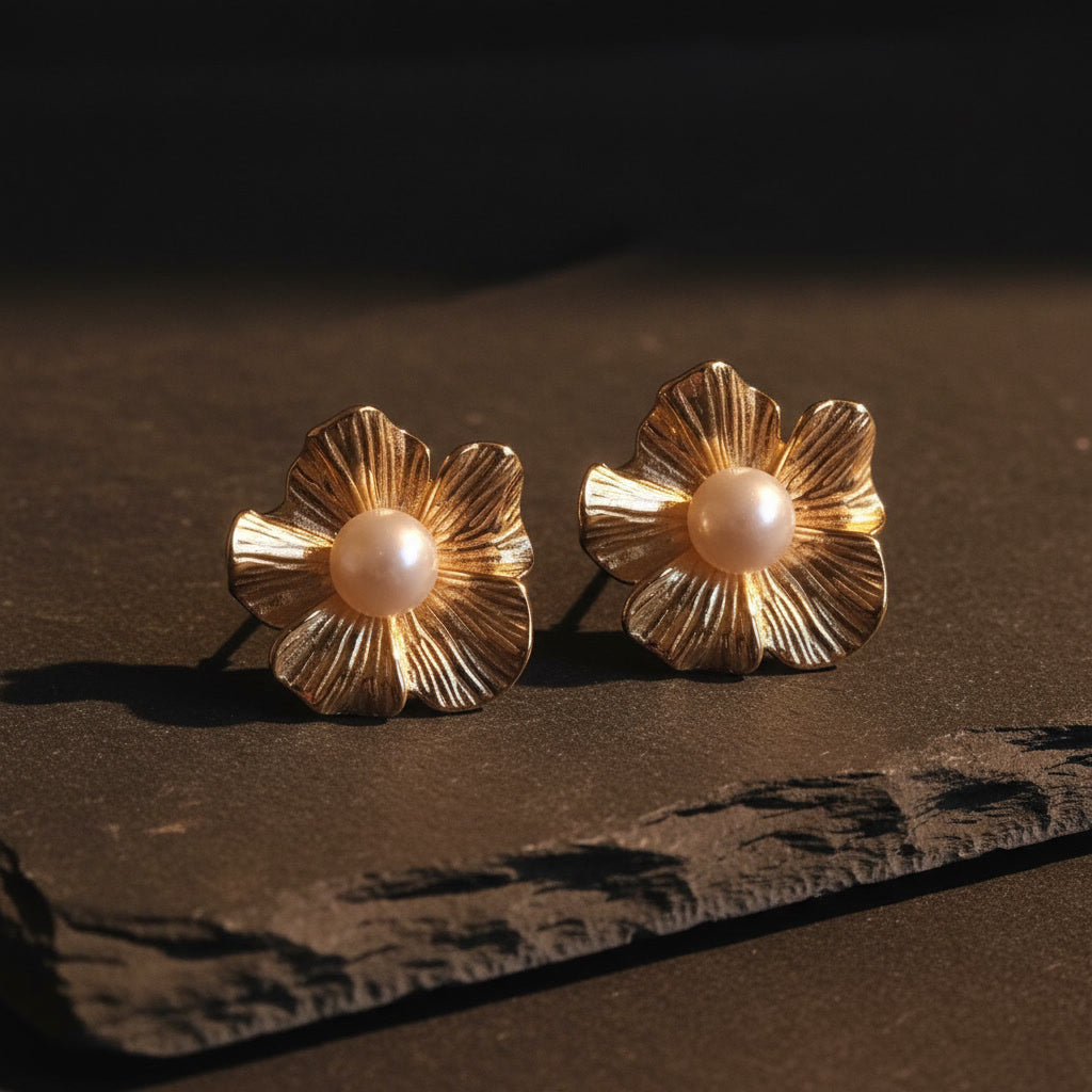 Fiore Blütenohrringe in Goldfarben mit Perle auf schwarzem Hintergrund.