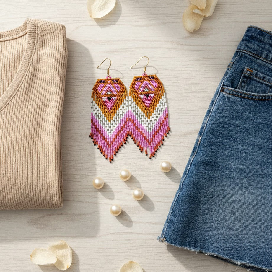 Handgemachte Perlenohrringe von EDELATELIER. mit geometrischem Muster in Bernstein, Weiß und Pink, dekoriert auf hellem Holz zwischen einem beigen Oberteil, Jeans und losen Perlen.