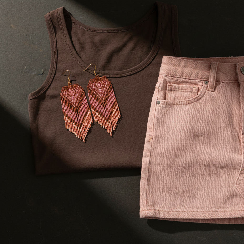 Eine stilvolle Nahaufnahme eines Paares handgefertigter Beaded Fringe Ohrringe von EDELATELIER., platziert auf einem dunkelbraunen, gerippten Tanktop. Die Ohrringe weisen ein geometrisches Muster in warmen Beigetönen, Rosé und Braun auf und sind mit zarten Fransen versehen. Rechts daneben liegt ein rosa Jeansrock. Ein weicher Lichtstrahl fällt auf die Szene und erzeugt tiefe Schatten.