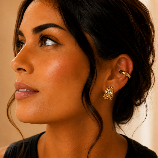 Frau trägt den vergoldeten Ear Cuff Anello aus Edelstahl 304 mit 18K Gold PVD-Beschichtung am Ohr.