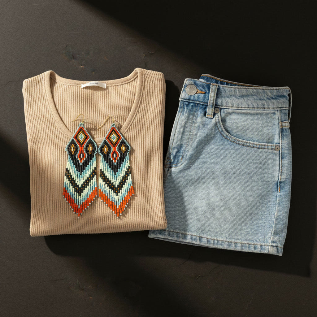 Die Statement-Ohrringe „Arancio Celeste“ von EDELATELIER. flach liegend auf einem beigen T-Shirt neben einem Denim-Rock zur Veranschaulichung der Größe und des Stylings.