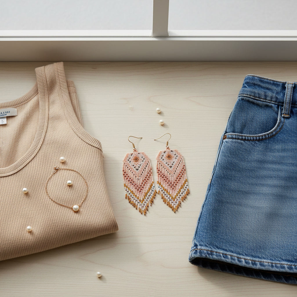 Handgemachte Perlenohrringe von EDELATELIER. in sanften Pfirsich-, Creme- und Goldtönen, arrangiert auf hellem Holz neben einem beigen Top, einer Jeans und feinen Perlenakzenten.