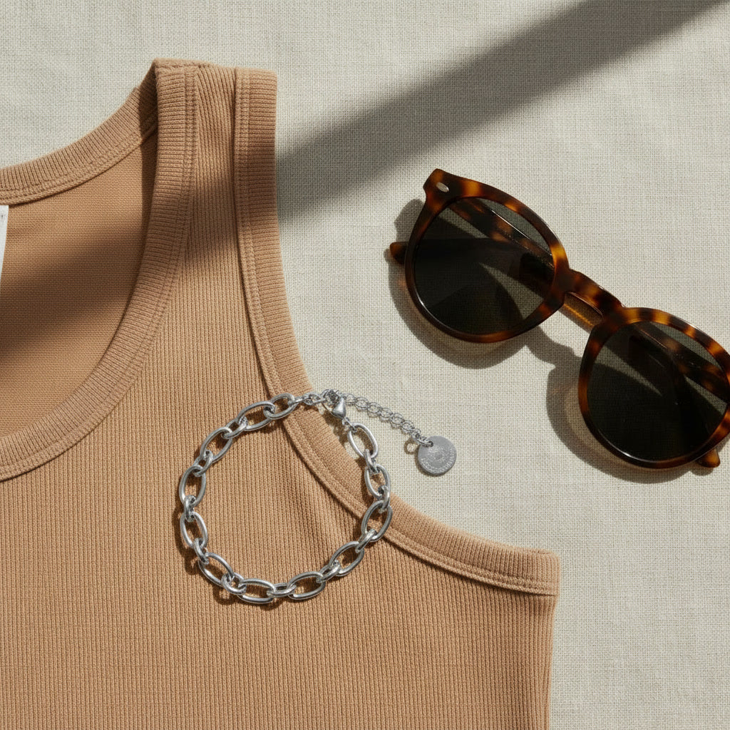 Catena Armband silberfarben auf braunem Top mit Sonnenbrille im Sommerlook.
