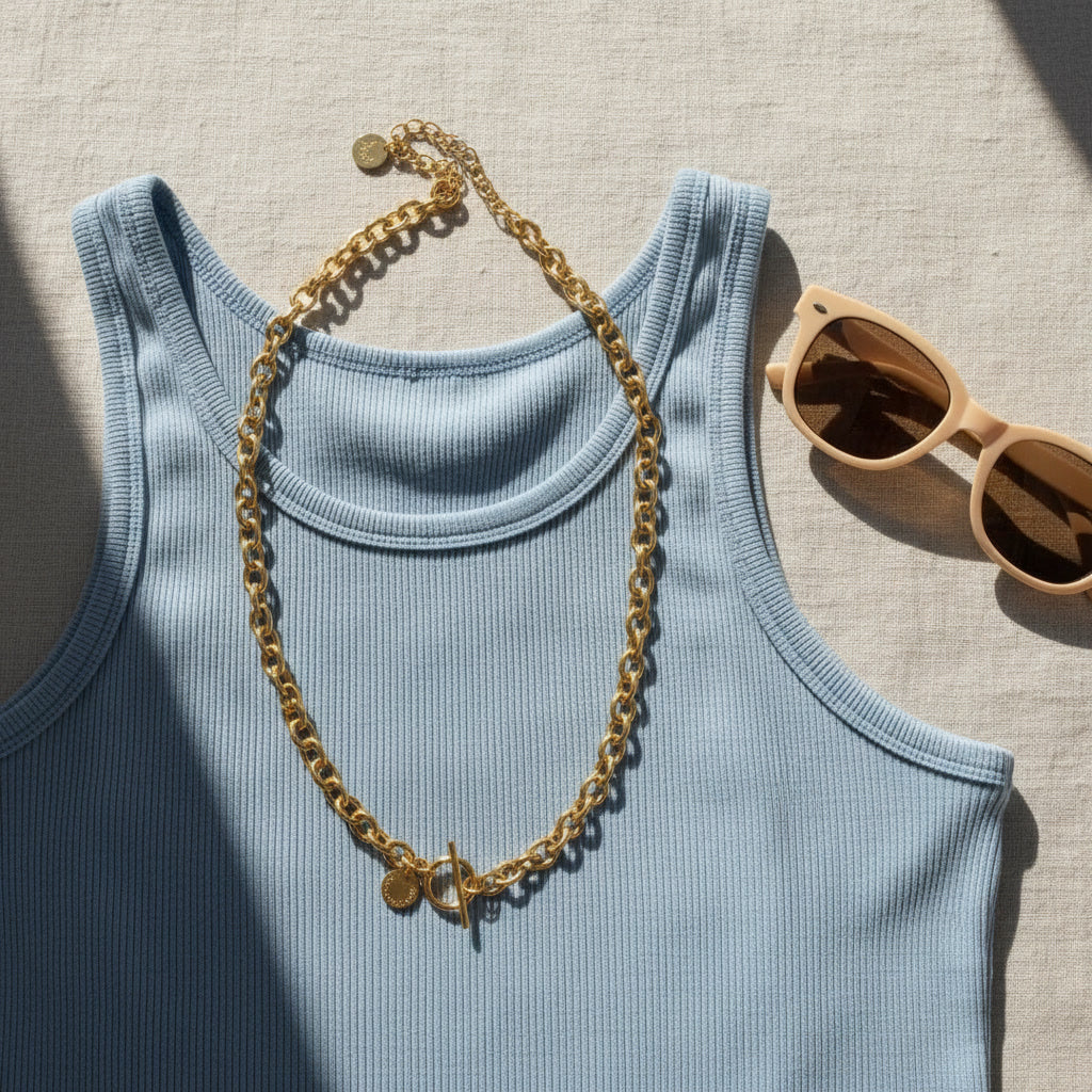 Catena Luce Halskette goldfarben auf blauem Top mit Sonnenbrille im Sommerlook.