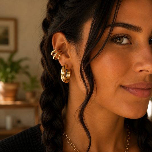 Goldener Ear Cuff Spira mit drei geschwungenen Reihen, getragen von einem dunkelhaarigen Model.