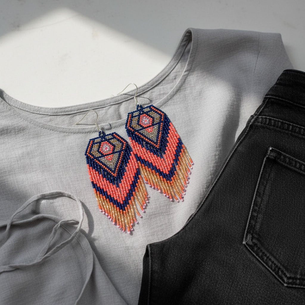 Handgemachte Perlenohrringe Eclissi Dorata von EDELATELIER. Lange Franseneohrringe mit geometrischem Rautenmuster in Dunkelblau, Koralle, Grau und Gold, stilvoll arrangiert auf einer hellgrauen Bluse und einer schwarzen Jeans.