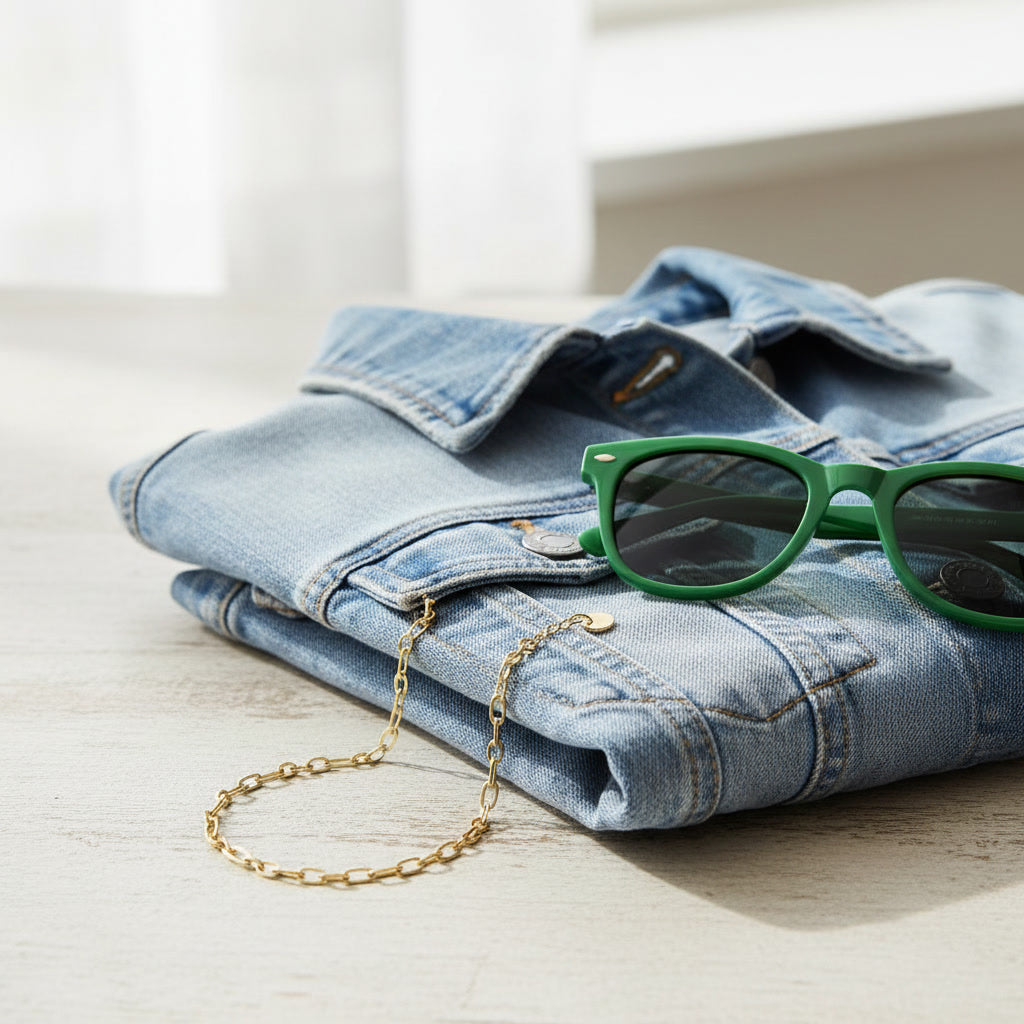 Goldfarbene Catena Halskette neben hellblauer Jeansjacke und grüner Sonnenbrille im sommerlichen Look.