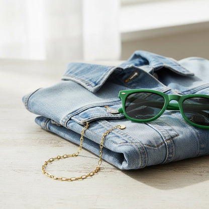 Goldfarbene Catena Halskette neben hellblauer Jeansjacke und grüner Sonnenbrille im sommerlichen Look.