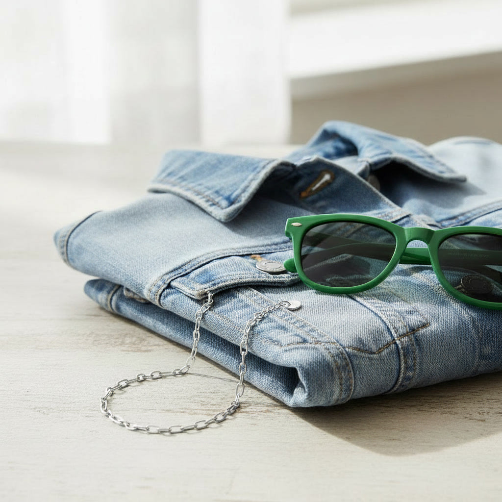 Silberfarbene Catena Halskette als Sommerlook kombiniert mit Jeansjacke und grüner Sonnenbrille.