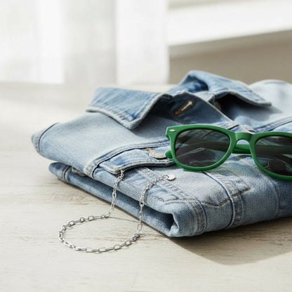 Silberfarbene Catena Halskette als Sommerlook kombiniert mit Jeansjacke und grüner Sonnenbrille.