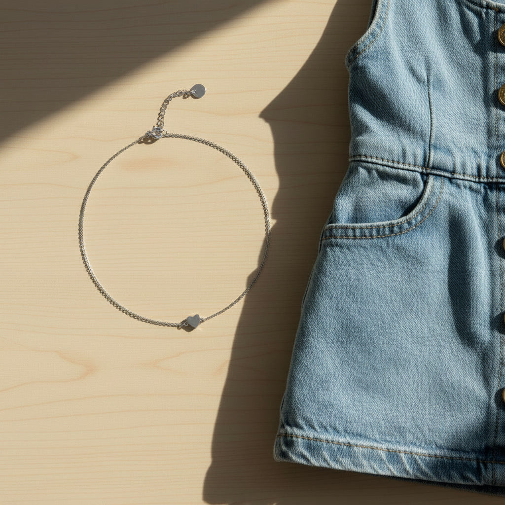 Silberfarbene Cuore Herz-Halskette neben Jeansstoff im sommerlichen Look.