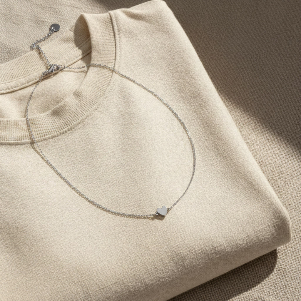 Silberfarbene Cuore Herz-Halskette auf hellem Pullover im warmen Sonnenlicht.