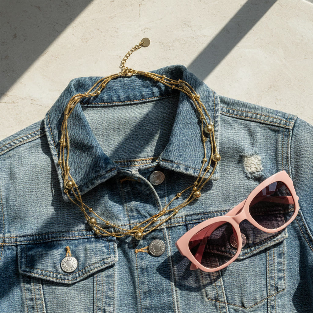 Goldfarbene mehrreihige Edelstahl-Halskette mit Kugeldetails auf Jeansjacke mit Sonnenbrille im Sommerlook.