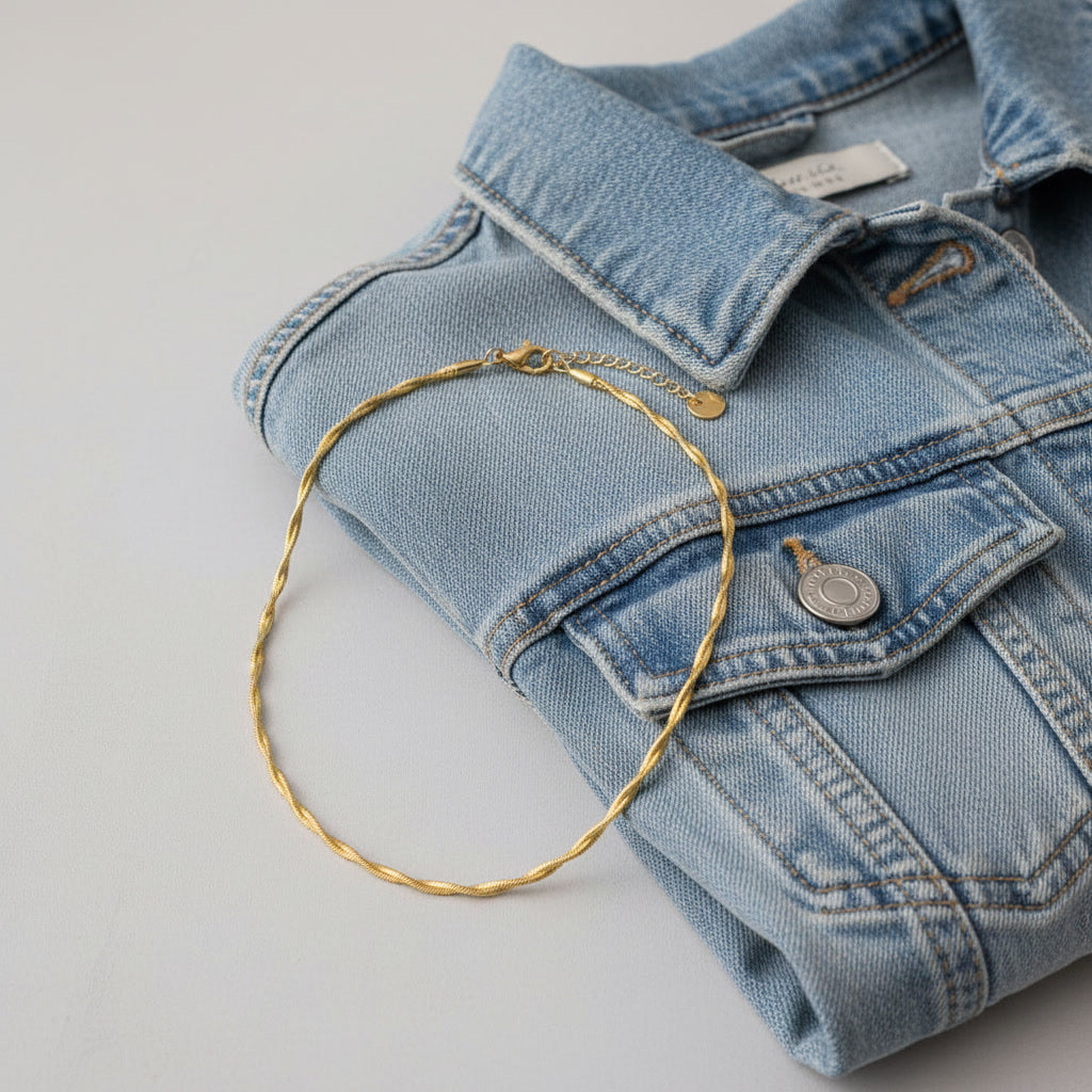 Goldfarbene Intreccia Halskette mit gedrehter Struktur neben hellblauer Jeansjacke.