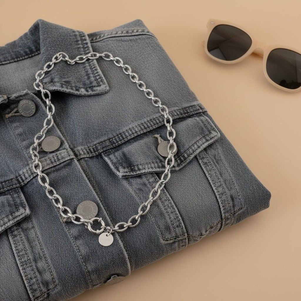 Silberfarbene Maglia Halskette auf gefalteter Jeansjacke mit Sonnenbrille im lässigen Sommerlook.
