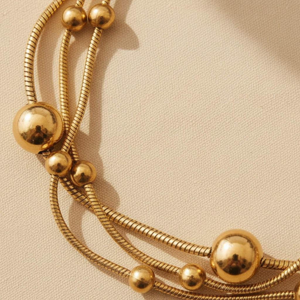 Detailaufnahme des goldfarbenen Piccola Perla Armbands mit glänzenden Kugeln und feiner Edelstahlstruktur auf warmem beigem Hintergrund.