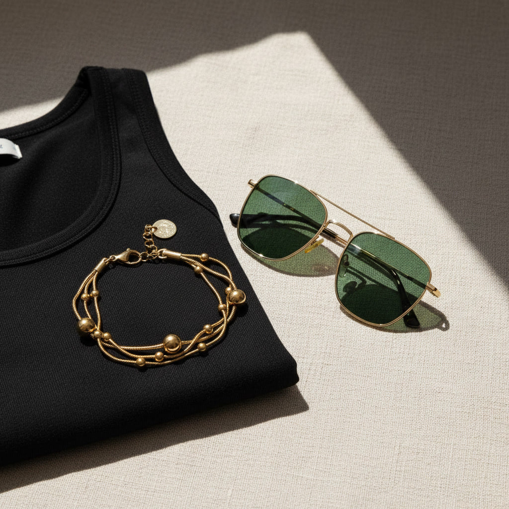 Goldfarbenes Piccola Perla Armband auf schwarzem Top neben grüner Sonnenbrille im warmen Sonnenlicht arrangiert.