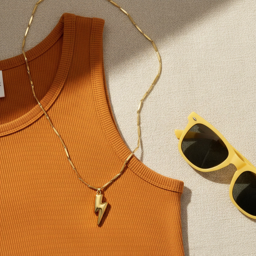goldfarbene Saetta Blitz-Halskette mit Anhänger auf eiem orangenem Tanktop, nebem einer gelben Sonnenbrille.