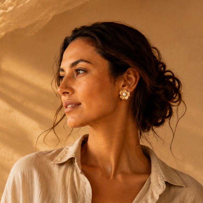 Model mit kleinen goldfarbenen Ohrringen und heller Bluse in warmem Sonnenlicht.