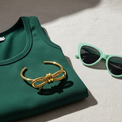 Goldfarbener Fiocco Armreif mit Schleife auf grünem Top neben Sonnenbrille.