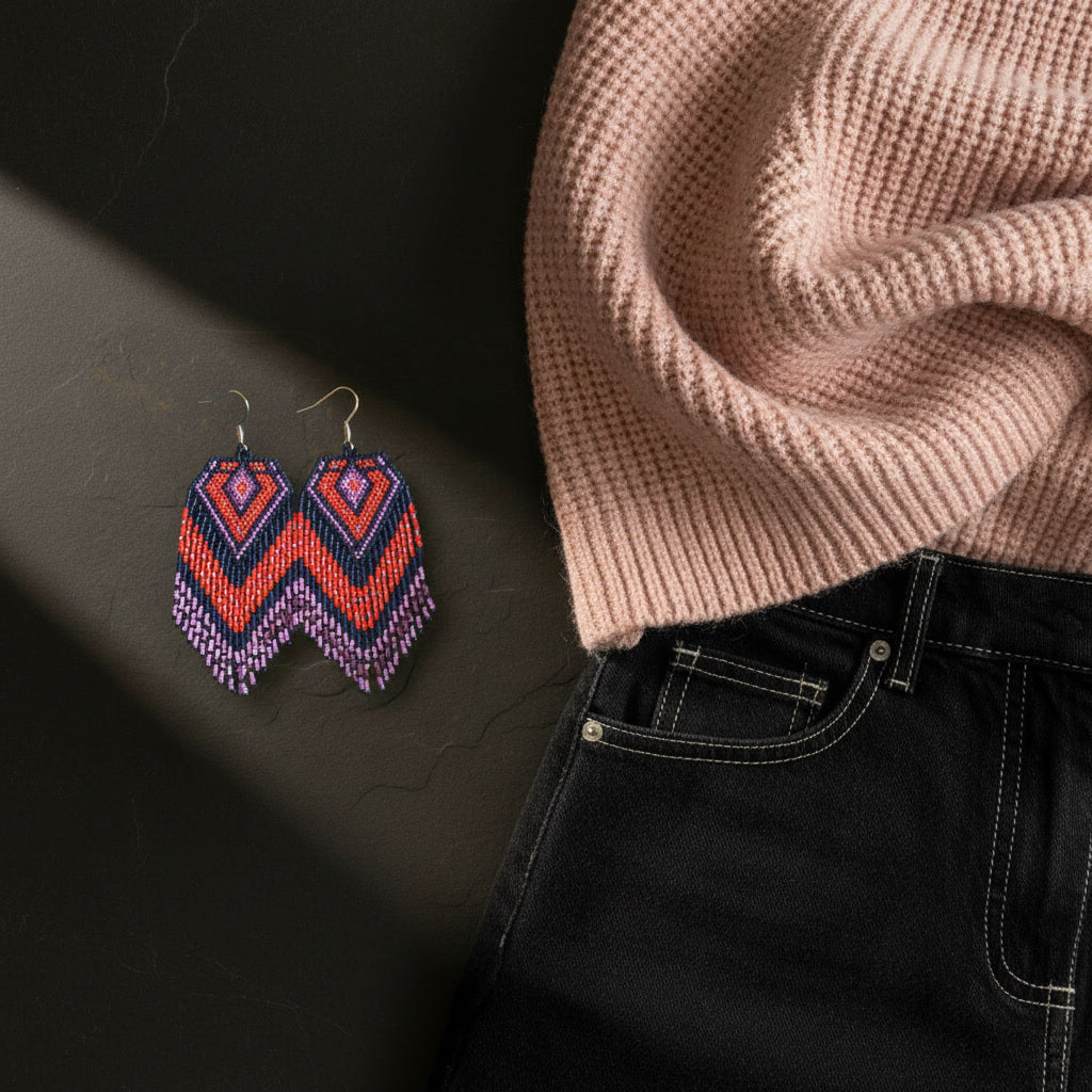 Statement-Ohrringe Fuoco di Notte von EDELATELIER: Handgewebte Perlenohrringe in Blau, Rot und Lila in einer stimmungsvollen Flatlay-Komposition mit rosa Strickpullover und schwarzer Jeans.