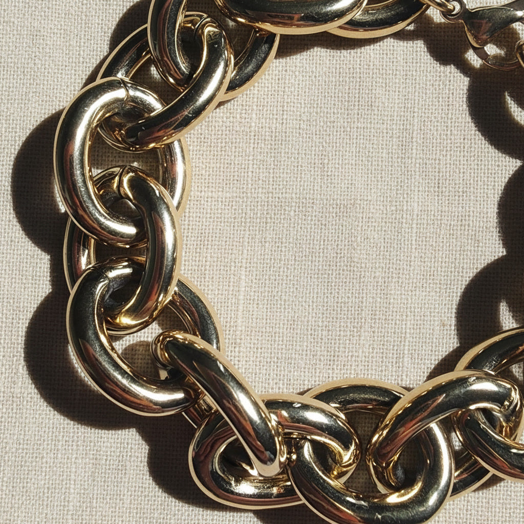 14 Karat vergoldetes Chunky Edelstahlarmband mit großen ovalen Gliedern auf hellem Leinenstoff im warmen Sonnenlicht.