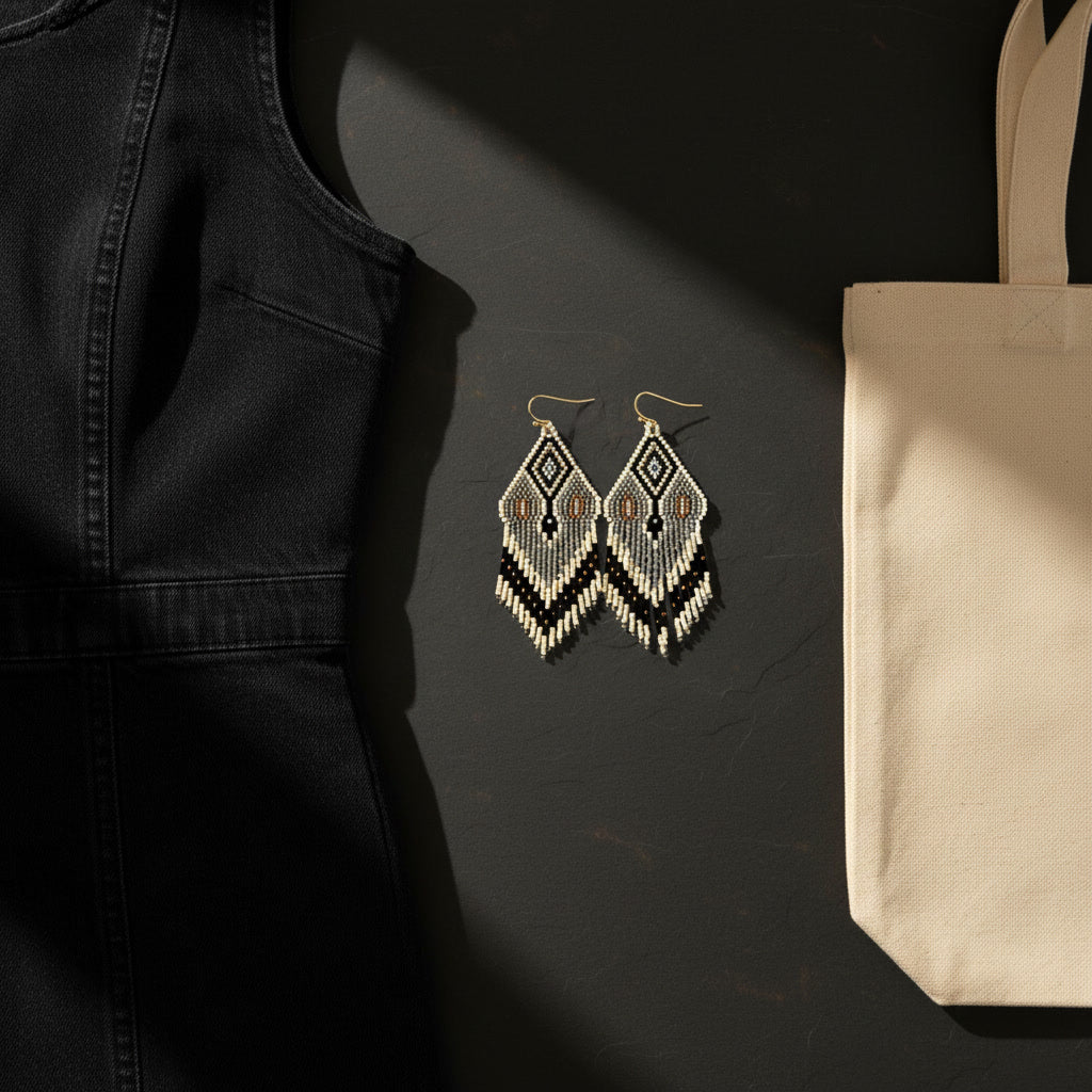 Eine edle Nahaufnahme im Flatlay-Stil zeigt die handgefertigten Perlenohrringe von EDELATELIER. auf einer dunklen Schieferplatte. Das elegante Design in Creme, Grau und Schwarz wird durch goldfarbene Akzente ergänzt. Links im Bild ist ein schwarzes Kleidungsstück aus Denim zu sehen, während rechts eine beige strukturierte Handtasche ins Bild ragt. Ein gezielter Lichteinfall hebt die feine Textur der gewebten Perlen und die hochwertige Verarbeitung der Statement-Ohrringe hervor.