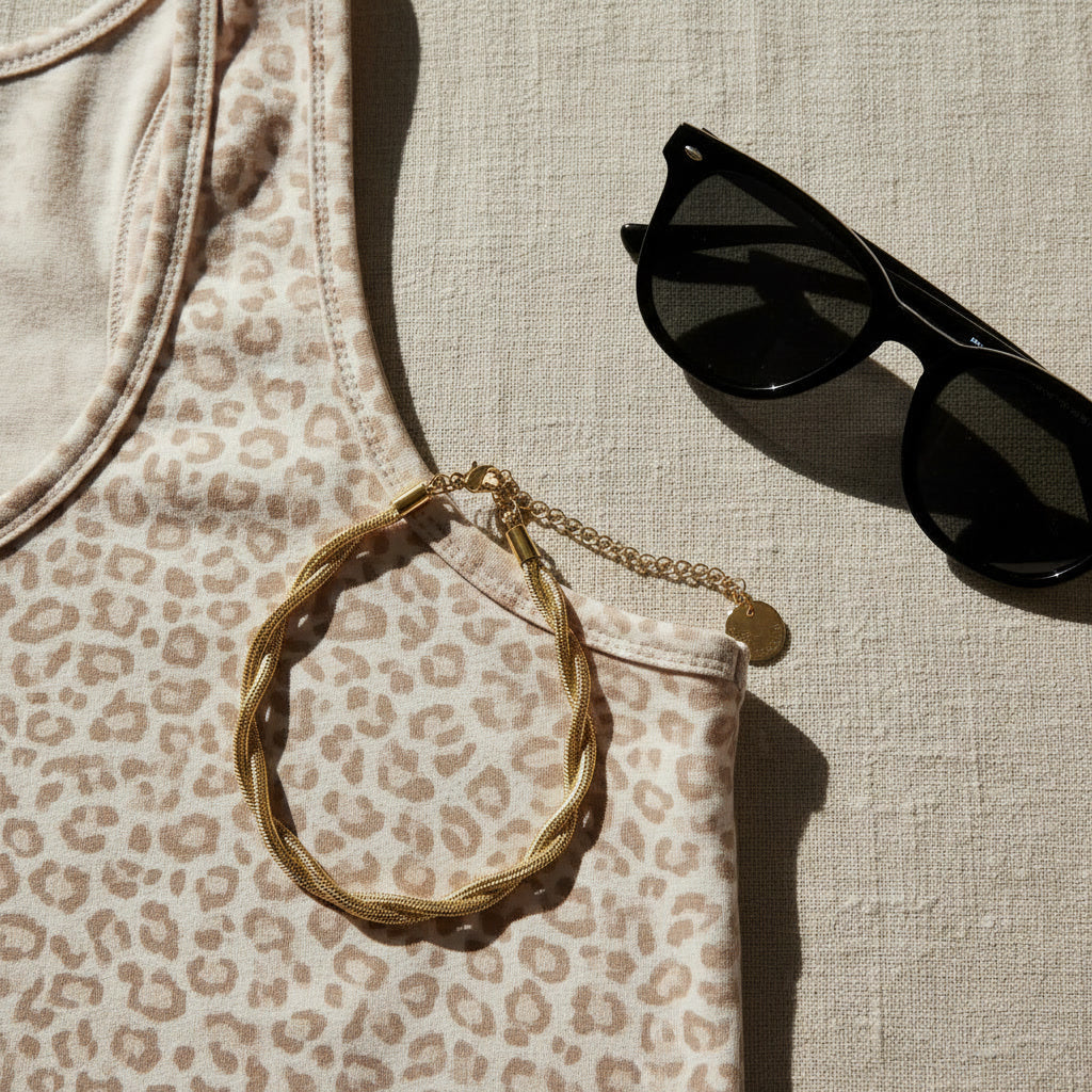Goldfarbenes Intreccia Armband als Sommer-Styling mit Top und Sonnenbrille.