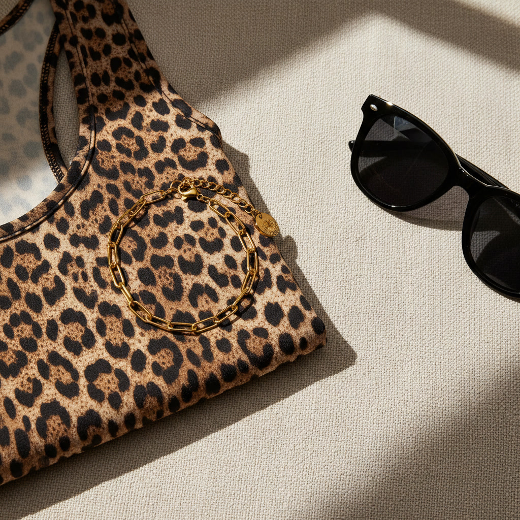 Goldfarbenes Linea Armband als sommerliches Moodbild mit Leoprint und Sonnenbrille.