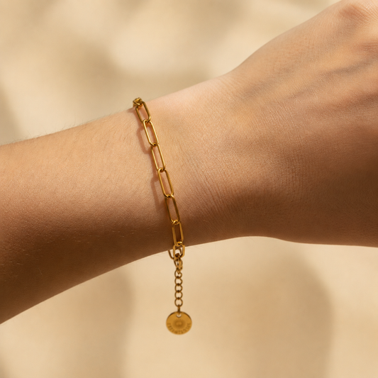 Linea Gliederarmband goldfarben aus Edelstahl am Handgelenk getragen.