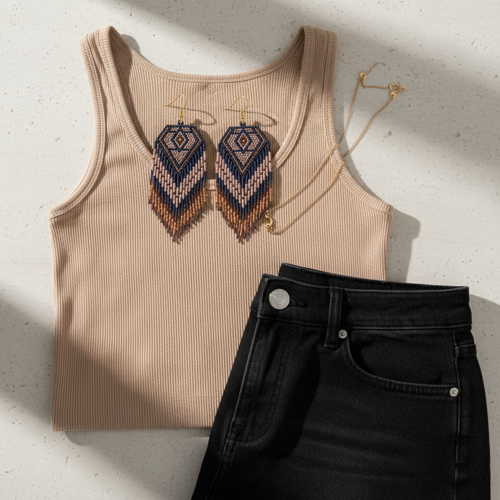 Flachbild-Präsentation (Flatlay) von großen Perlenohrringen zusammen mit einem beigen Top und einem schwarzen Jeansrock um die Proportionalität und den Stil des Schmuckstücks von EDELATELIER. zu zeigen.
