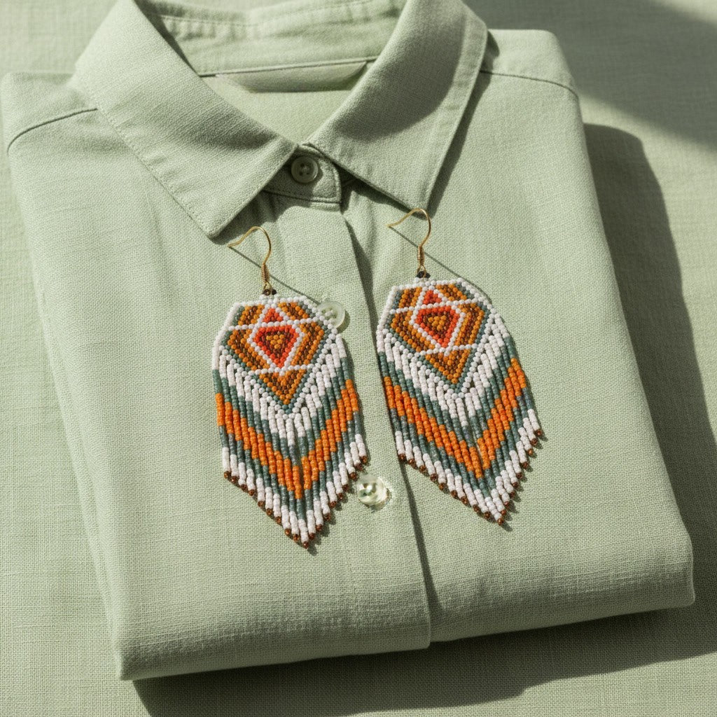 Eine Draufsicht auf ein ordentlich gefaltetes, hellgrünes Leinenhemd, auf dessen Kragen und Knopfleiste ein Paar handgefertigte Perlenohrringe mit einem geometrischen Muster aus Orange, Grau, Creme und Braun platziert ist. Gestreifte Schatten fallen über das Hemd.