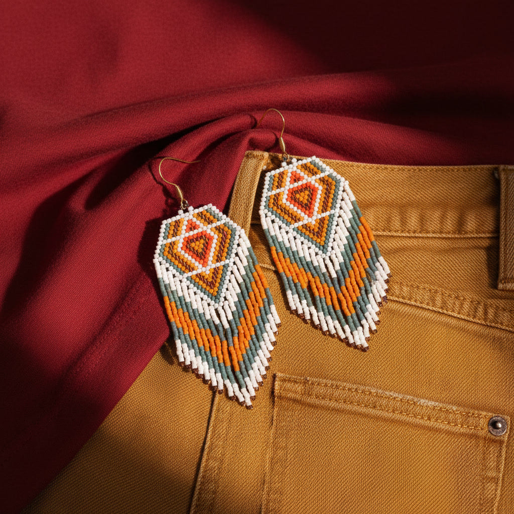 Eine Nahaufnahme handgefertigter Perlenohrringe mit einem geometrischen Muster aus Orange, Grau, Creme und Braun, die auf einer senfgelben Denim-Hose mit einer Tasche und einem davor drapierten roten Stoff liegen. Das Licht fällt schräg ein und erzeugt Schatten.