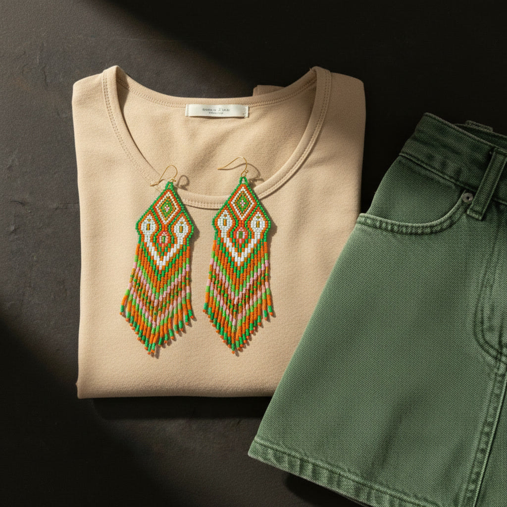 Eine Flachbild-Fotografie von oben auf einem dunklen, texturierten Hintergrund zeigt ein gefaltetes beiges Baumwoll-T-Shirt. Ein Paar große, lebhafte Perlenfransenohrringe mit farbenfrohen grünen, orangen, weißen und rosa geometrischen Mustern liegt über dem Halsausschnitt des Shirts. Rechts davon ist der obere Teil eines olivgrünen Denim-Rocks zu sehen, der den Bund und die Tasche zeigt.