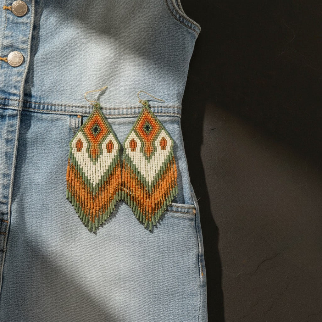 Die orange-braunen Perlenohrringe sind dekorativ auf einem hellblauen Jeanskleid platziert. Der Kontrast zwischen dem groben Denim-Stoff und der filigranen Handarbeit betont den modernen Boho-Look der Schmuckstücke.