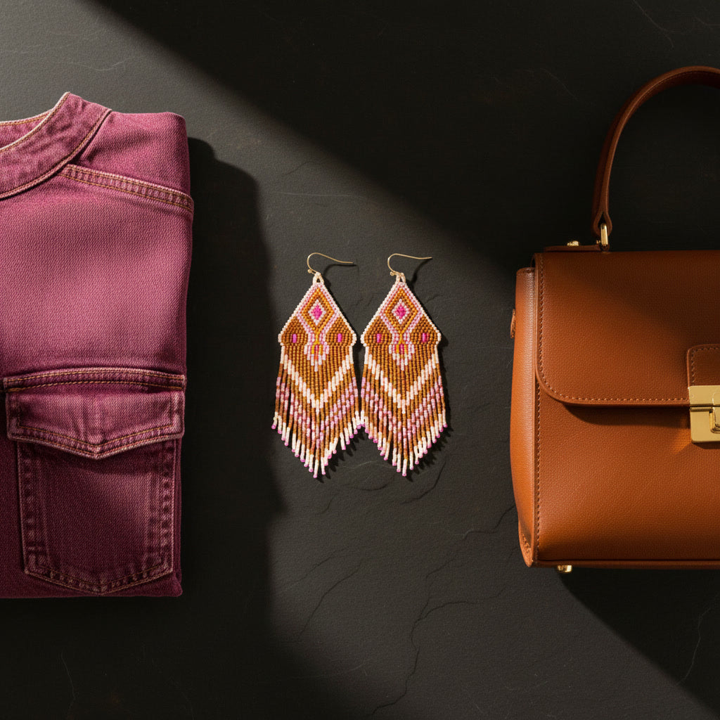 Ein professionelles Flatlay auf einer dunklen Schieferplatte rückt die handgefertigten Perlenohrringe von EDELATELIER. in den Mittelpunkt. Das Design besticht durch ein warmes Farbschema aus Braun, Zimt, Altrosa und leuchtendem Pink. Links flankiert eine Beere-farbene Denim-Weste die Szene, während rechts eine klassische braune Lederhandtasche das modische Arrangement abrundet. Ein diagonaler Lichtstrahl erzeugt eine edle Schattenwirkung.