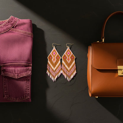 Ein professionelles Flatlay auf einer dunklen Schieferplatte rückt die handgefertigten Perlenohrringe von EDELATELIER. in den Mittelpunkt. Das Design besticht durch ein warmes Farbschema aus Braun, Zimt, Altrosa und leuchtendem Pink. Links flankiert eine Beere-farbene Denim-Weste die Szene, während rechts eine klassische braune Lederhandtasche das modische Arrangement abrundet. Ein diagonaler Lichtstrahl erzeugt eine edle Schattenwirkung.