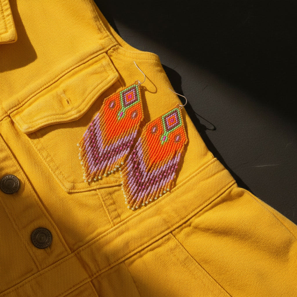 Die pink-orangefarbenen Perlenohrringe sind dekorativ auf einem senfgelben Jeanskleid platziert. Der Kontrast zwischen den warmen Farben des Stoffes und den leuchtenden Schmuckfarben unterstreicht den modernen Boho-Stil.