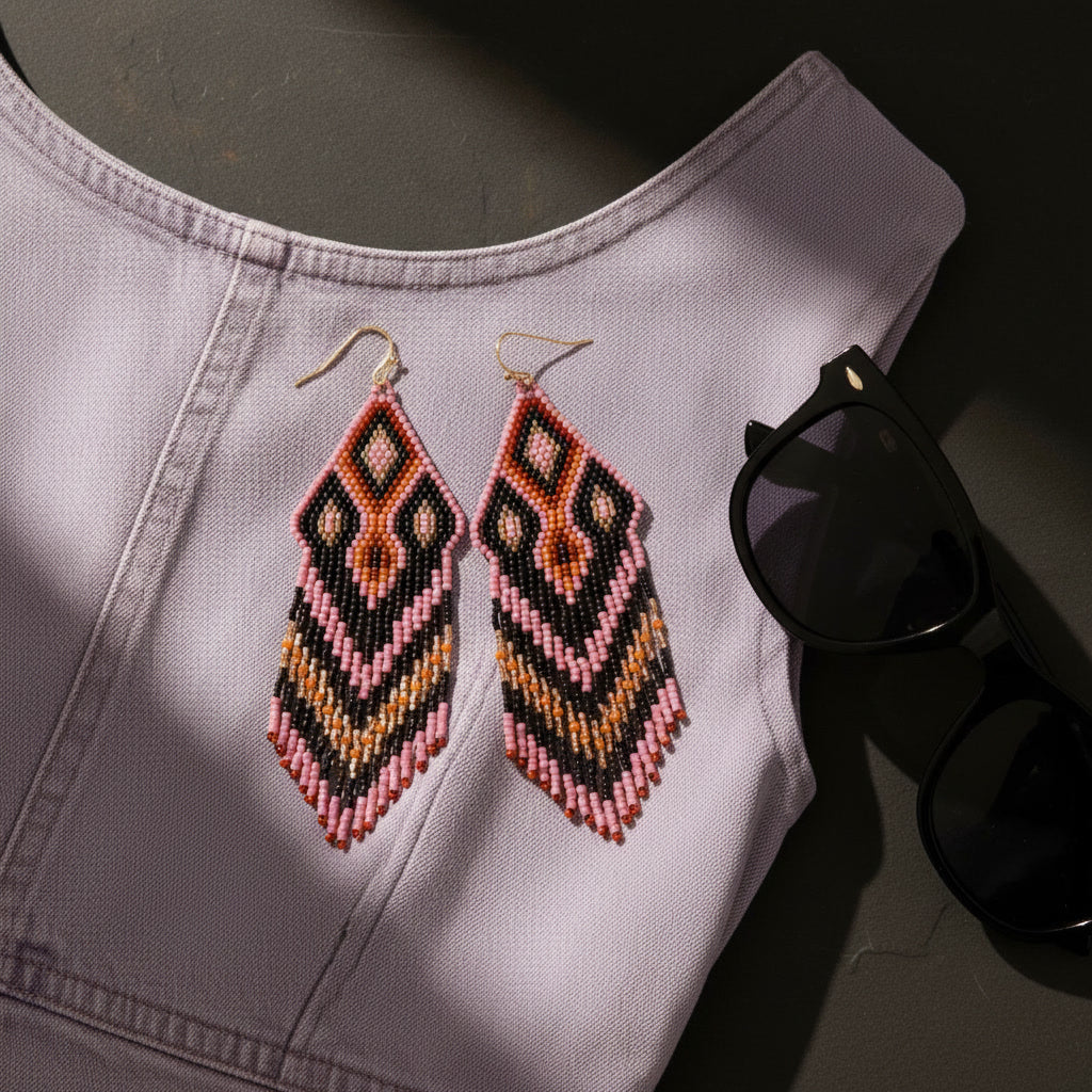 Die schwarz-rosa Perlenohrringe liegen dekorativ auf einem grauen Jeans-Oberteil. Der starke Kontrast zwischen dem hellen Stoff und den dunklen Perlen unterstreicht das geheimnisvolle Design der handgefertigten Schmuckstücke.