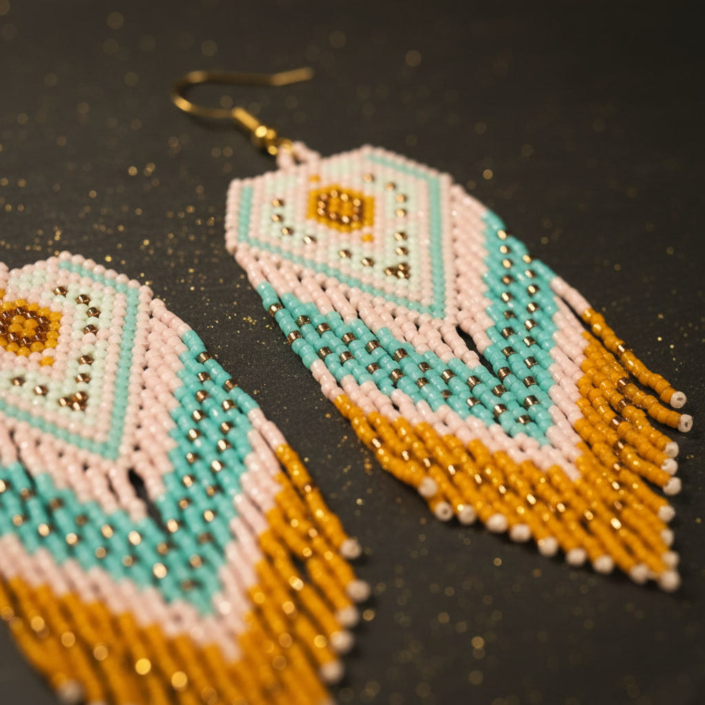 Die sommerlichen Statement-Ohrringe liegen in einer diagonalen Perspektive flach auf einer dunklen, strukturierten Oberfläche. Der Blickwinkel betont die Textur der Perlenfransen und die glänzenden goldfarbenen Edelstahl-Ohrhaken.