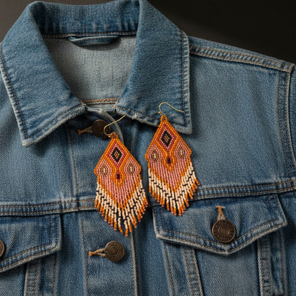 Die "Rosato Flair" Ohrringe liegen auf einer hellblauen Denim-Jeansjacke. Der Kontrast zwischen dem blauen Denim und den zarten Rosétönen unterstreicht den modernen Boho-Charakter der Schmuckstücke.