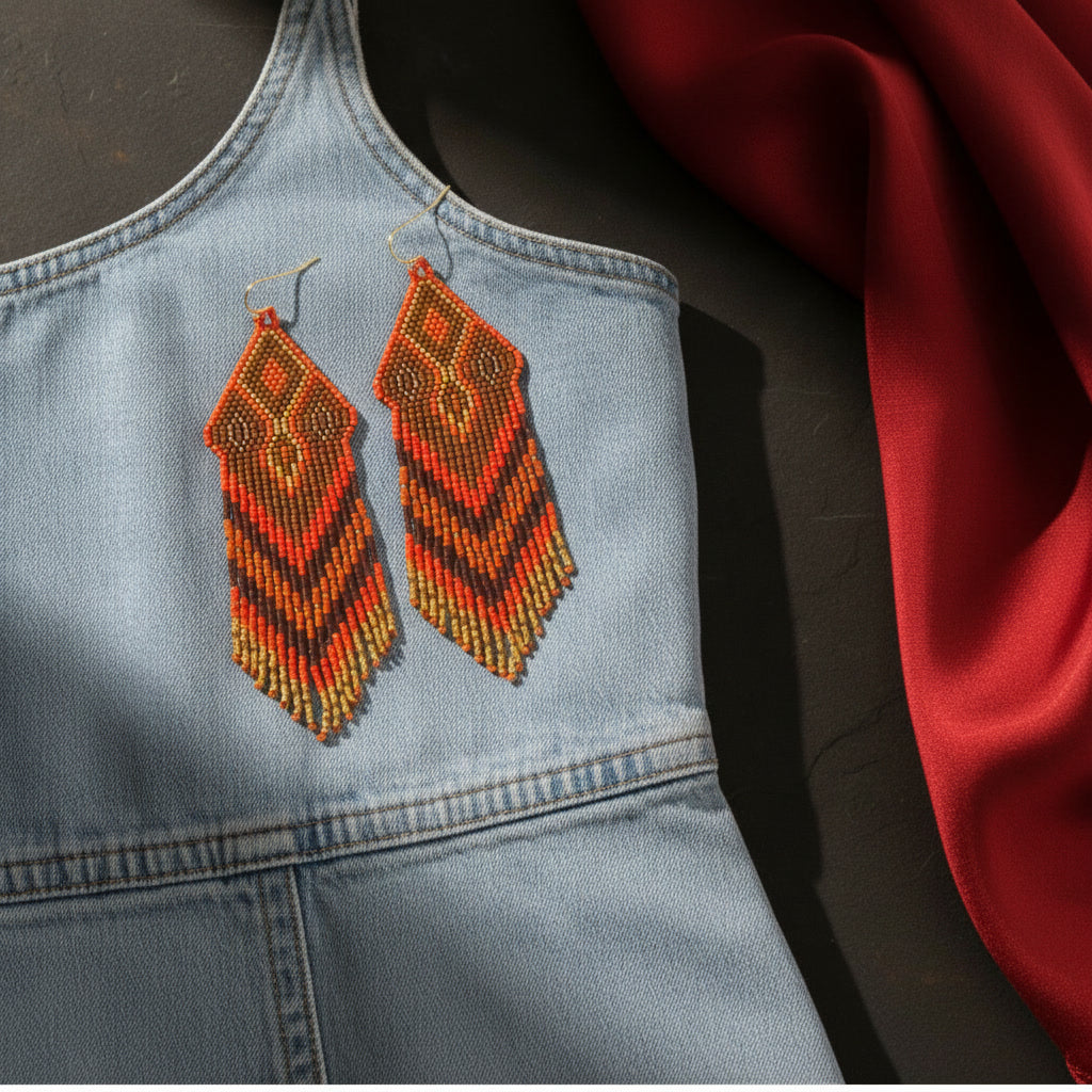 Ein zweites Lifestyle-Arrangement: Die "Rossa Terra" Ohrringe liegen auf einem hellgrauen Denim-Oberteil. Der Kontrast zwischen dem kühlen Stoff und den feurigen Perlenfarben betont den modernen Boho-Look.