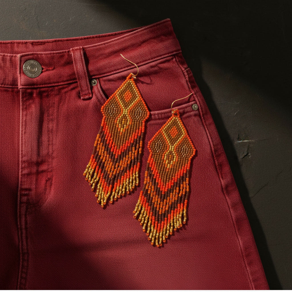 Die rot-orangefarbenen Perlenohrringe liegen dekorativ auf der Tasche einer weinroten Jeans. Der Ton-in-Ton-Effekt mit dem dunklen Stoff unterstreicht die archaische Kraft des Designs.