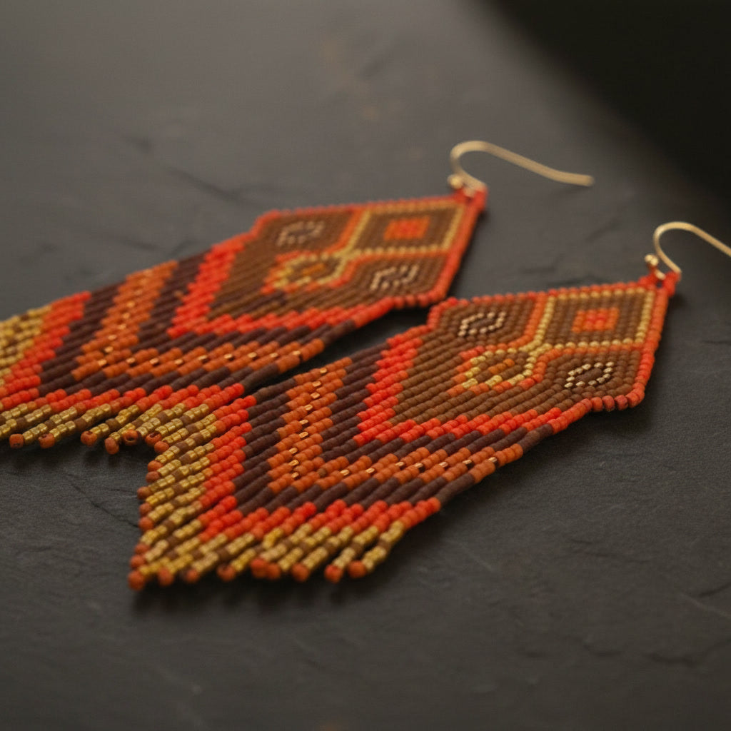 Eine detaillierte Makroaufnahme der "Rossa Terra" Ohrringe auf einer dunklen Schieferplatte. Die präzise gewebten Miyuki-Perlen in feurigen Rottönen und Orange zeigen ein kunstvolles Webmuster mit schimmernden goldenen Lichtpunkten.