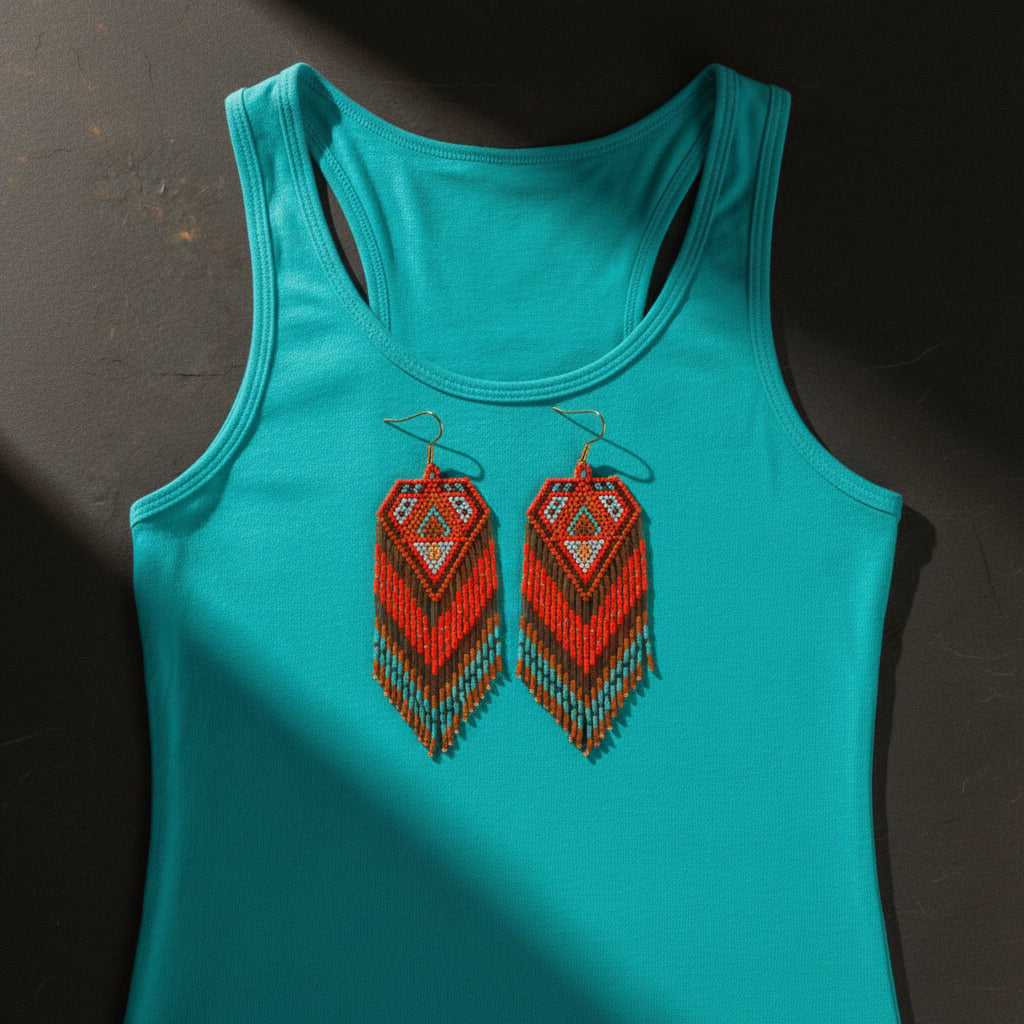 Handgemachte Perlenohrringe von EDELATELIER. mit geometrischem Muster in Rot, Braun und Türkis, präsentiert auf einem türkisfarbenen Top in einem kontrastreichen Flatlay mit Schatteneffekten.